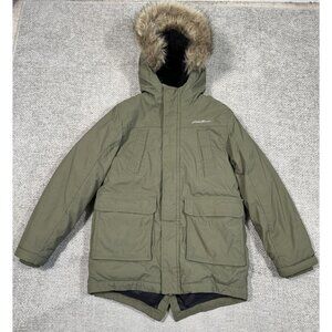 Eddie Bauer Jacket Kids Small 7/8 Green‎ Faux Fur Hood Down Parka Coat Winter